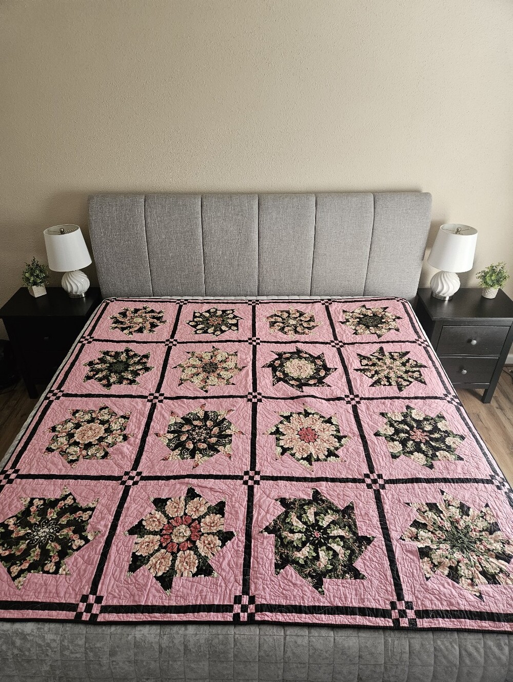 Handmade Patchwork Star Quilt Pink Black Floral Reversible 74x72